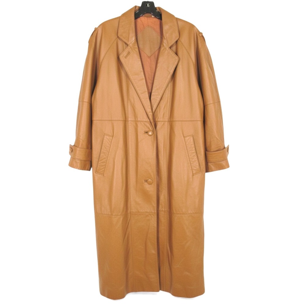 PRESTON & YORK Light Brown LEATHER 2-Buttons Pockets TRENCH JACKET Overcoat Sz L